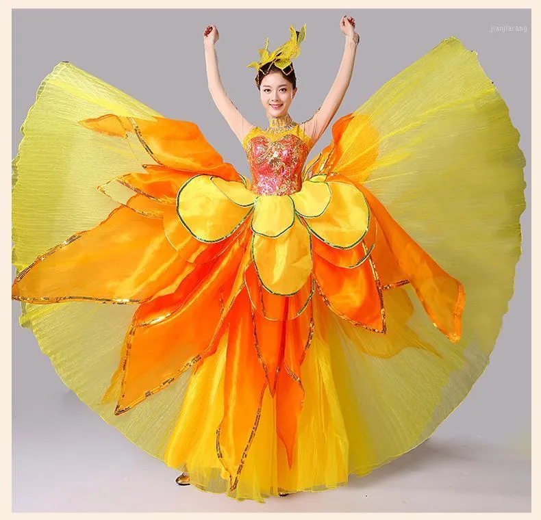 Desgaste del escenario Vestido de baile de carnaval con pétalos de flores de lentejuelas amarillas y naranjas / puesta en escena / ceremonia abierta / vestido largo con decoración para el cabello