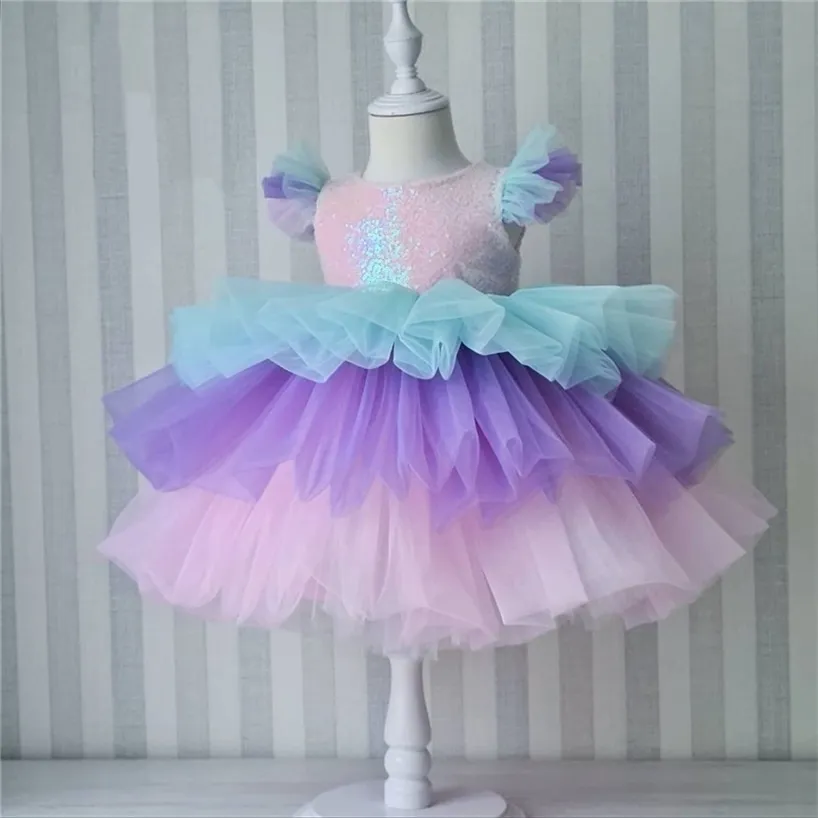 Girls Rainbow Tulle Dresses Kids Wedding Tutu Layers Cake Princess Elegant Party Prom Dress Children Communion Evening Clothes 220426