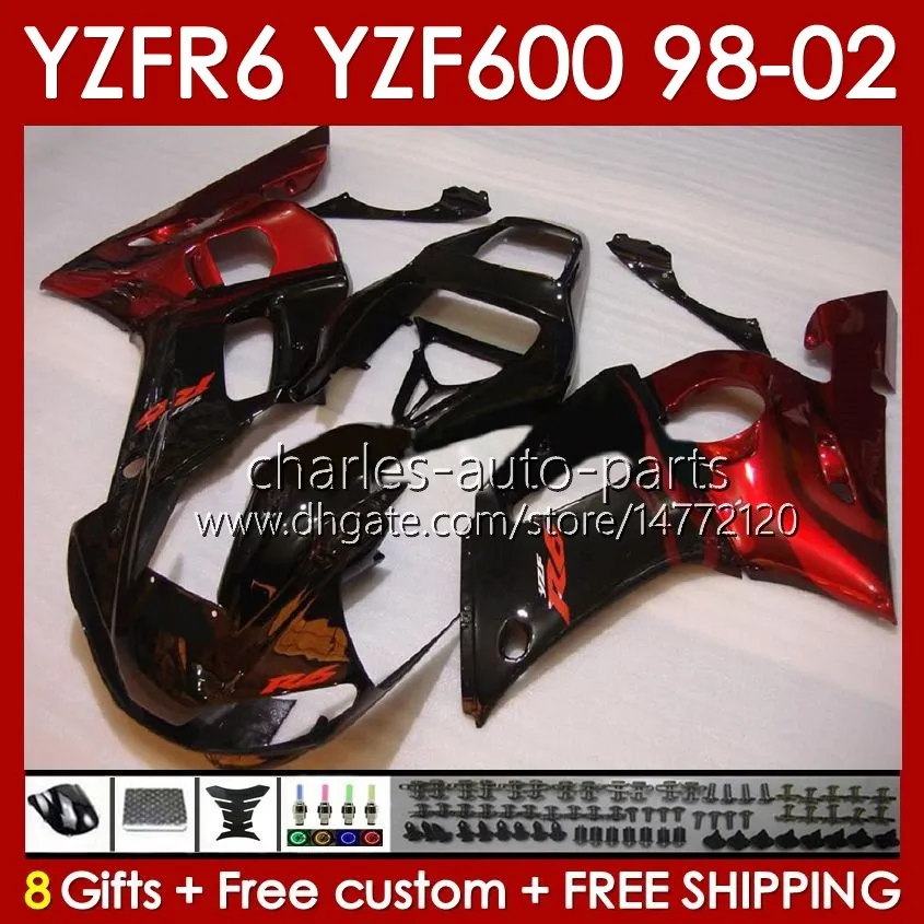Body Frame For YAMAHA YZF-600 YZF R6 R 6 600CC YZFR6 1998 1999 00 01 02 Bodywork 145No.22 YZF 600 CC Cowling YZF-R6 98-02 YZF600 98 99 2000 2001 2002 Fairing Kit red flames blk
