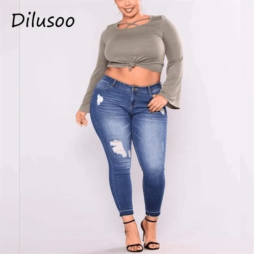 ممزق نساء Dilusoo بالإضافة إلى سراويل جينز سراويل نحيفة مرنة القلم الرصاص السراويل أوروبا امرأة جينز غير رسمي spring size27xl سراويل T200608