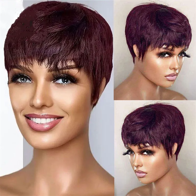 Short Bob Wavy With Bangs Full Machine Pixie Cut Wig For Women Brazilian Straight Burgundy Wigs Human Hair