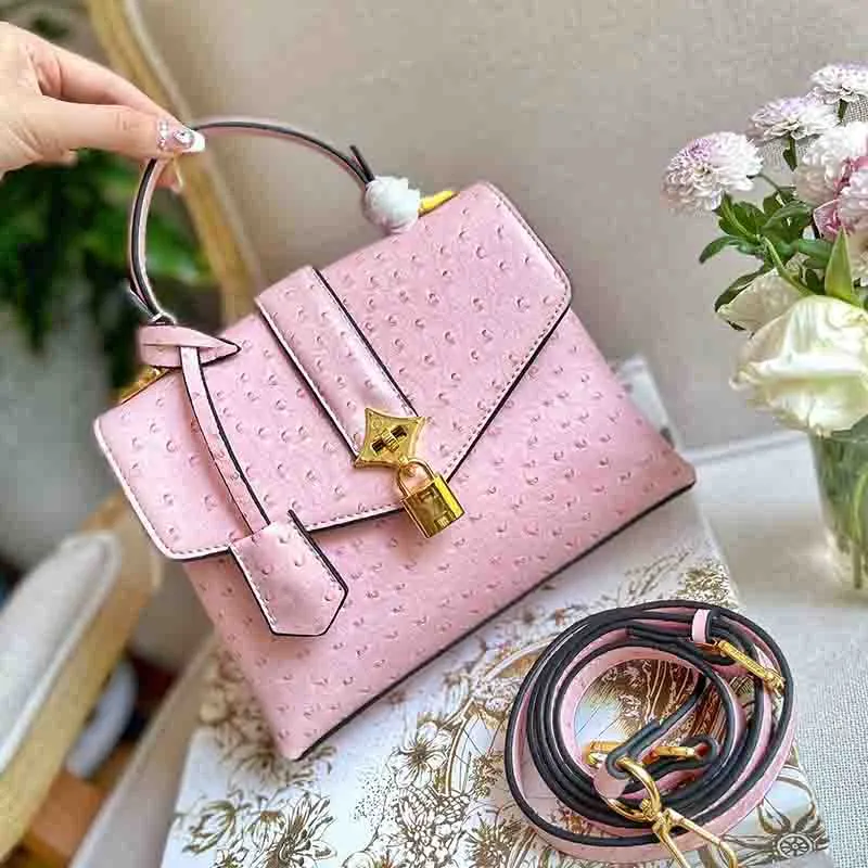 HH Ostrich Lock Bag Luxury Designer Brand Fashion Genuine Leather Shoulder Bags Handbags High Quality Women Lady Letter Phone Handbag Wallet Metallic Tote 22cm