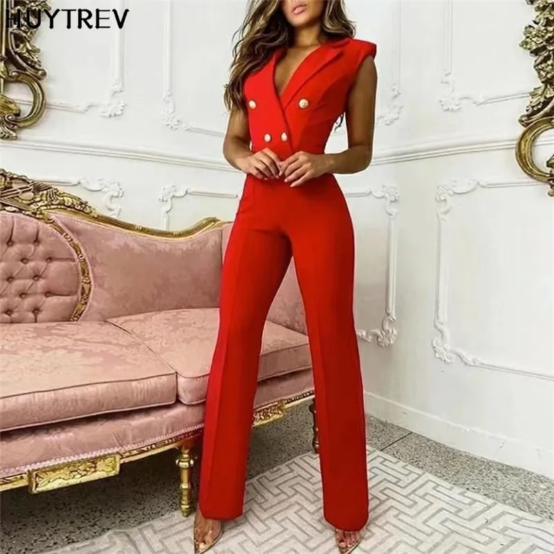 Summer Red Jumpsuits Women Elegant Office Ladies Button Rompers Fashion Houndstooth Print Casual Wide Leg Pants Playsuits 220725