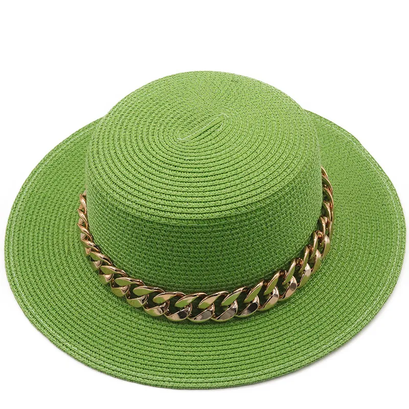 Lime Green Flat Top Strohhut mit goldener Kette Damen Sommer Outdoor Sonnenschutz Strandhüte Damen Sombreros De Playa
