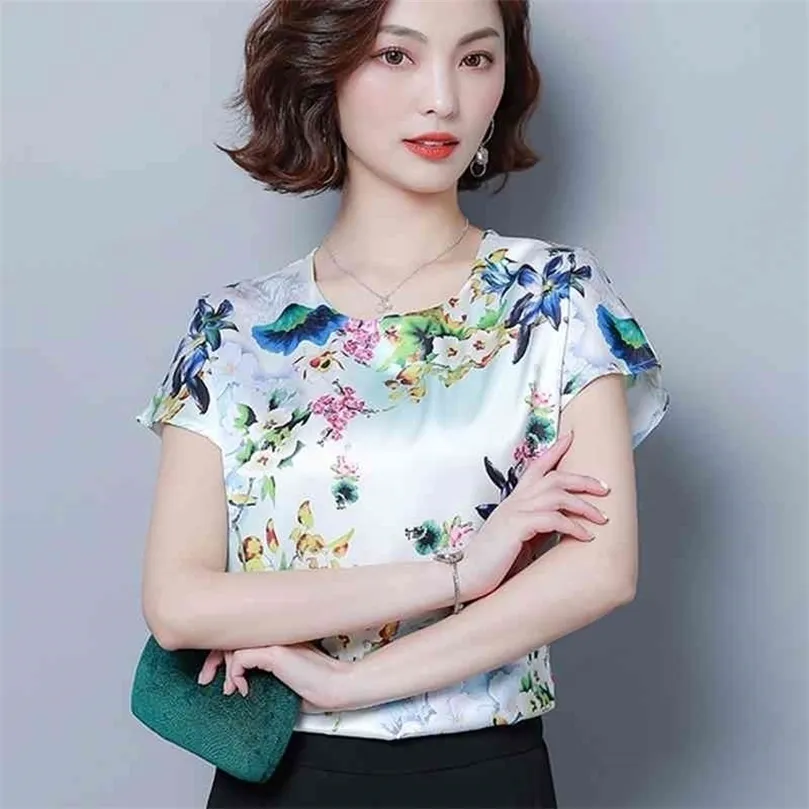 Korean Fashion Silk Women Blouses Flower Print Satin White Women Shirts Plus Size XXXL/4XL Blusas Femininas Elegante Ladies Tops 210326