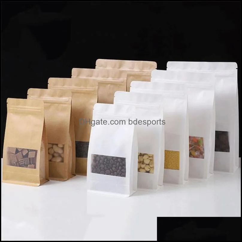 Kraft Paper Packing Bag Reusable Stand Up Storage Pouch Package Bag With Window for Storing Snacks Tea Food