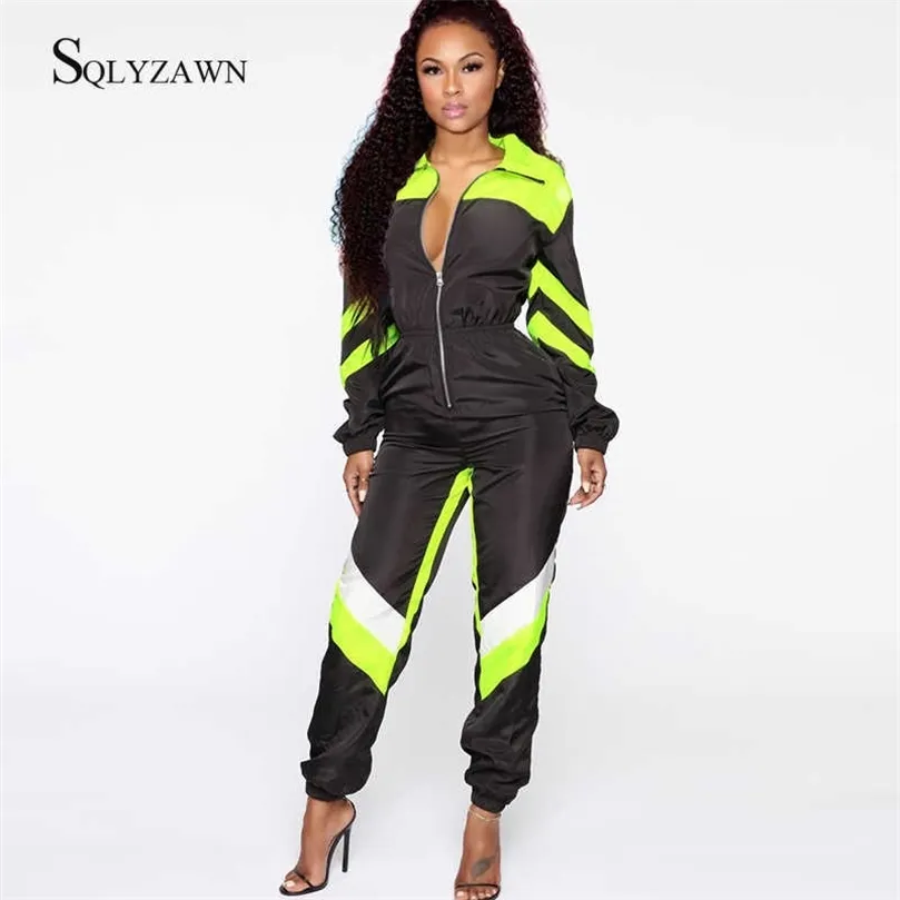 Kvinnor Neon Green Black Color Block Långärmad sport Jumpsuit Autumn Winter Fashion Casual Zip Overall Rampers 210709