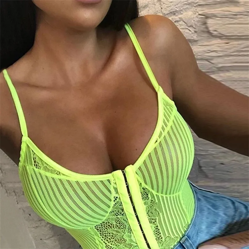 OMSJ est Women Neon Green Orange Stripe Lace Bodysuit Sheer Sexy Floral Embroidery Playsuit Night Out outfits Party 220506