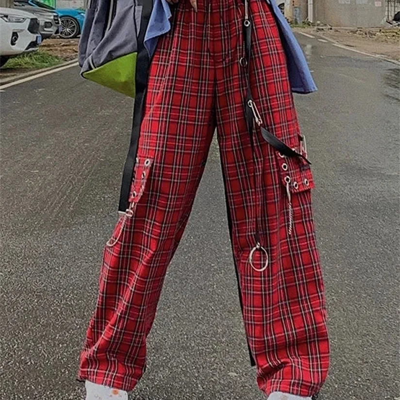 Houzhou punk cargo plaid byxa gotiska harajuku röda rutiga brett ben byxor för kvinnlig höst streetwear hippie mode 220325