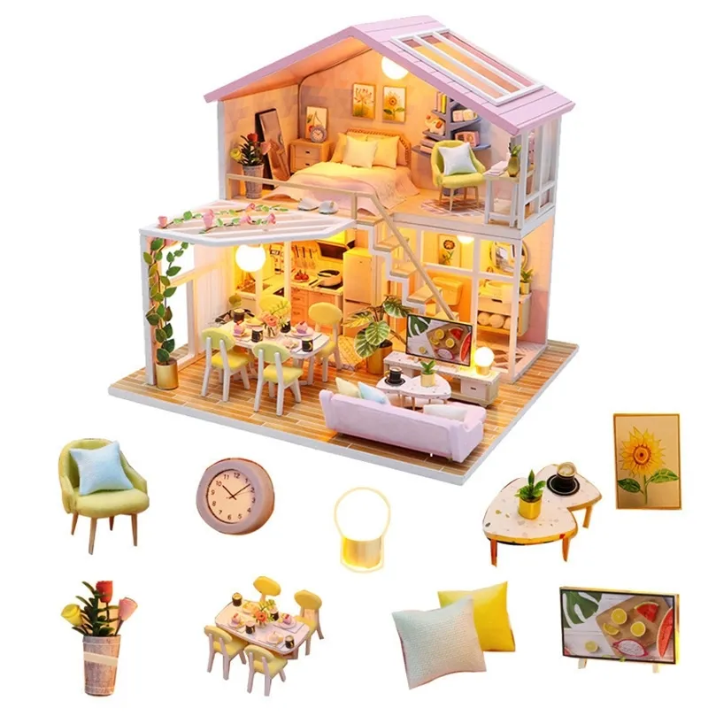 Nowoczesny styl Doll House Miniaturowy Doll Dollhouse z meblami 7-15 lat DIY Wooden House Toys for Child Educational Gift LJ201126