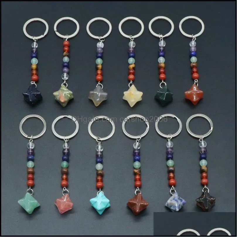healing reiki chakra carved hexagram natural stone key rings pendant keychain crystal chakras quartz chains jewelry accessories