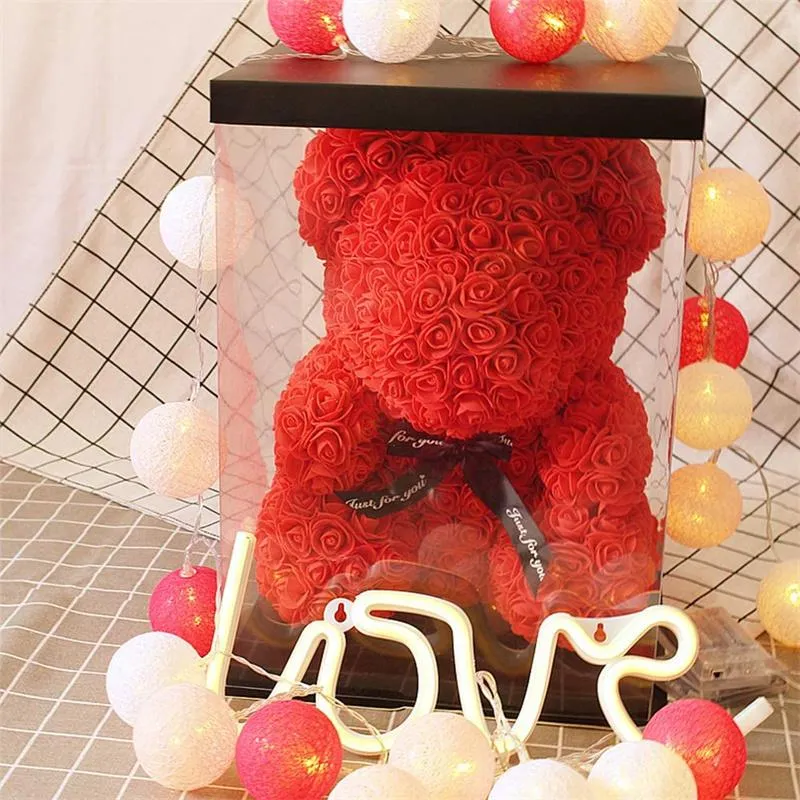 Decorative Flowers & Wreaths Valentine's Day Gift Teddy Bear Rose Red Flower Artificial Wedding Decoration Valentines Baby Shower 25cm W