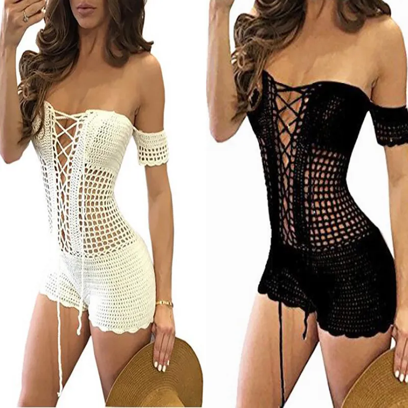 Macacão feminino sexy de crochê praia arrastão feito à mão bodycon tricô branco roupas da moda