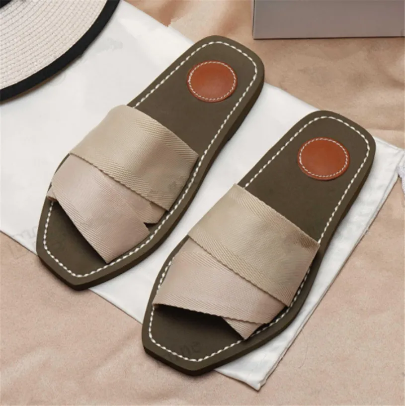 Women Sandals Woody Mules Brand Slipper Slide Sandal Lady Lettering Fabric Outdoor Leather Sole Slides Flip Flops