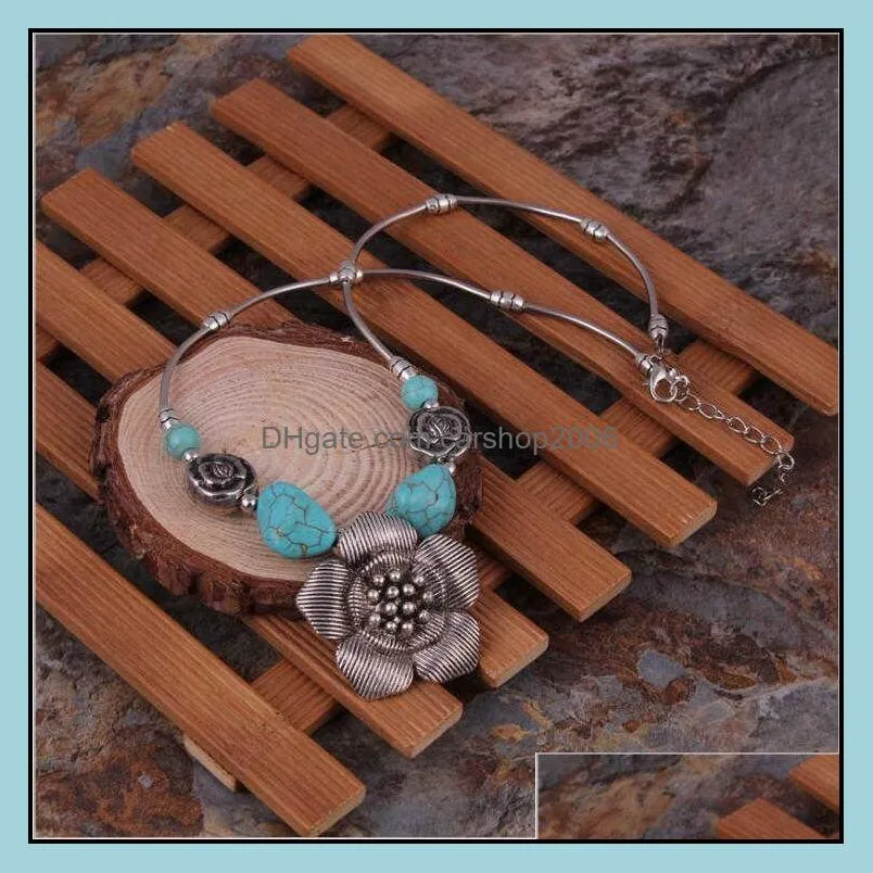 women`s rose flower tibetan silver turquoise pendant necklaces dmtqn041 fashion gift national style women diy necklace pendants