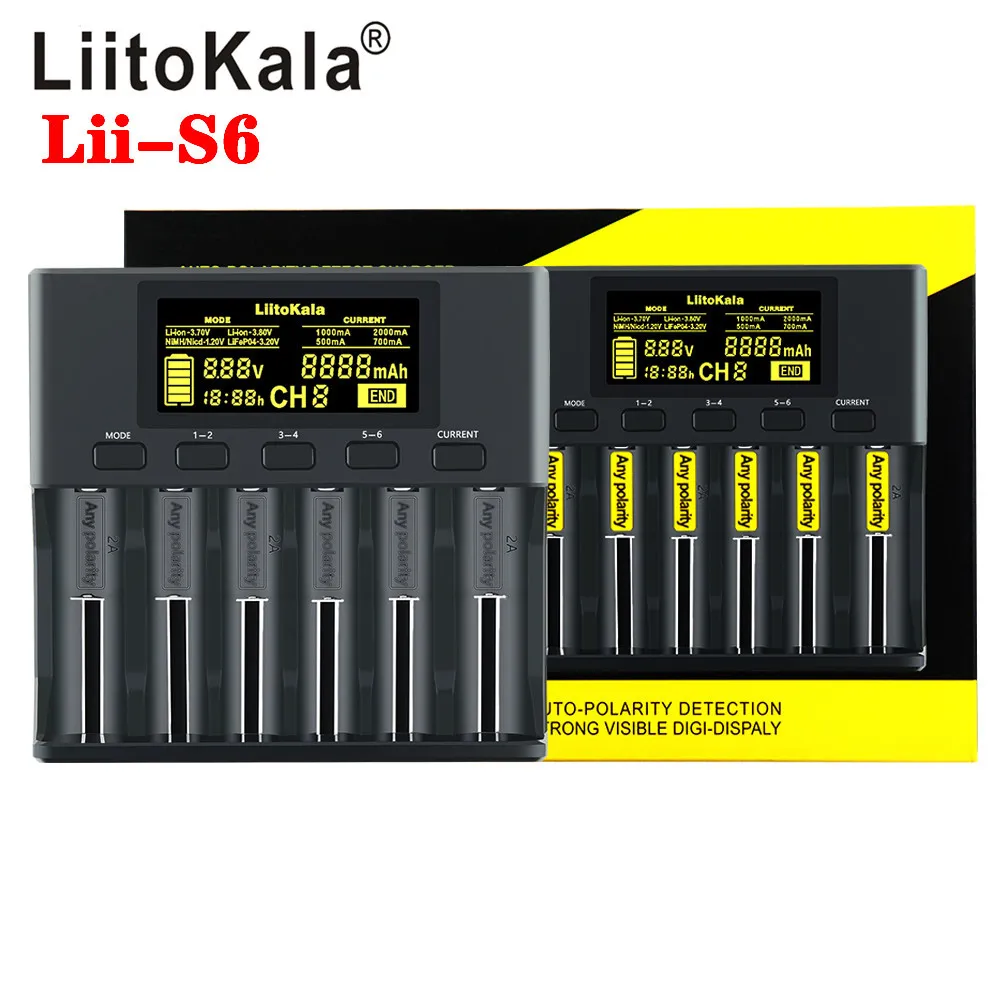 Liitokala LII-S6 Batteriladdare 6-slot Auto-Polaritet Detekterar för 3.2V 3.7V 18650 26650 21700 18500 AA AAA-batterier