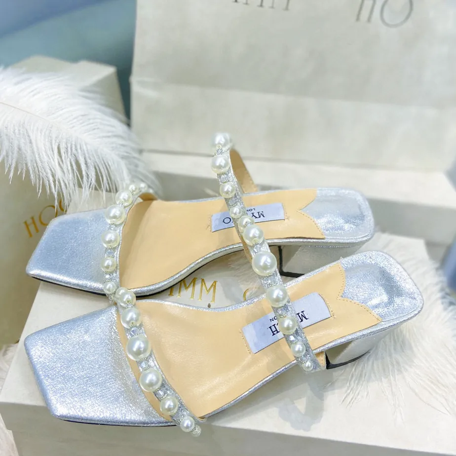 صنادل مصممة للنساء Starry Pearl High Heel Soft Square Square Toe أحذية