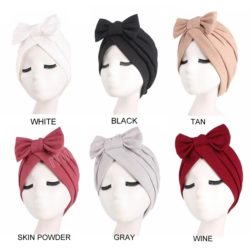Bowknot Turban Caps pour femmes Head Wrap Couleur unie Fashion India Hijab Hat Chemo Cap Ladies Muslim Hair Accessories
