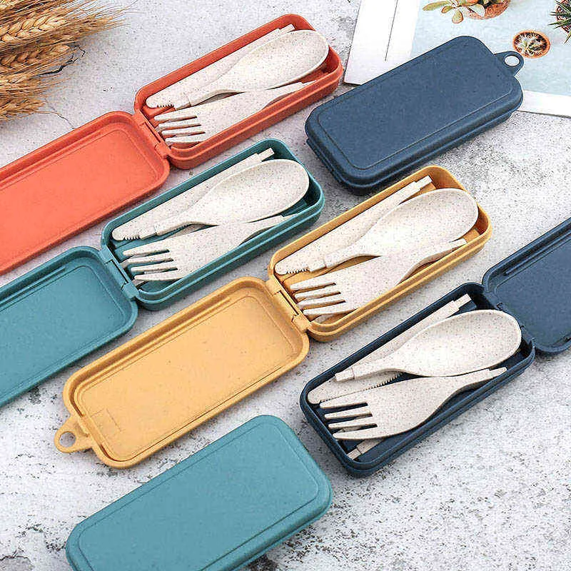 4Pcs Portable Wheat Straw Dinnerware Set Chopsticks Spoon Knife Fork Cutlery Set for Picnic Camping Tableware With Utensil Box Y220530