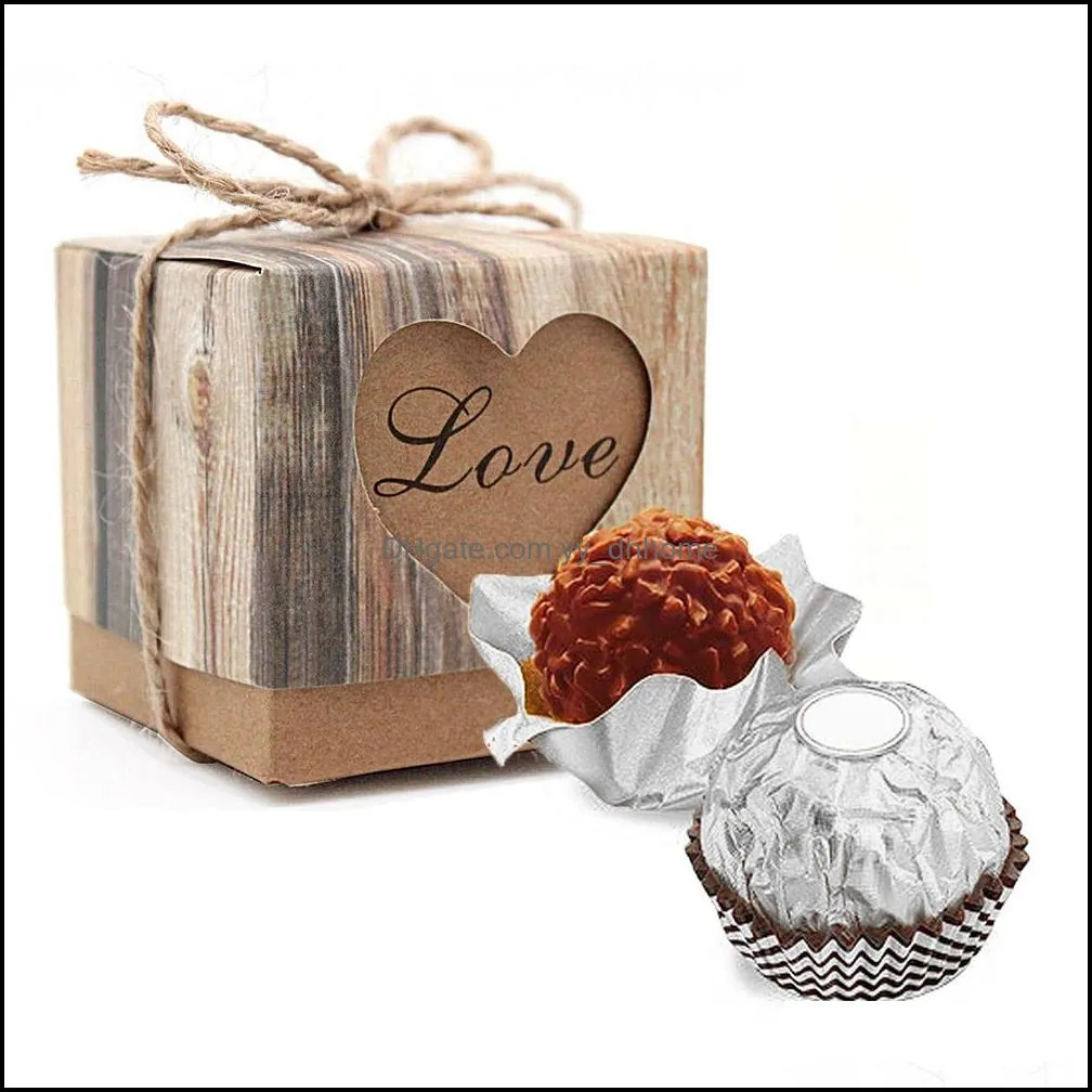 50 PCS Kraft Paper Wedding Party Candy Gift Favor Box Holder with Khaki Burlap Twine