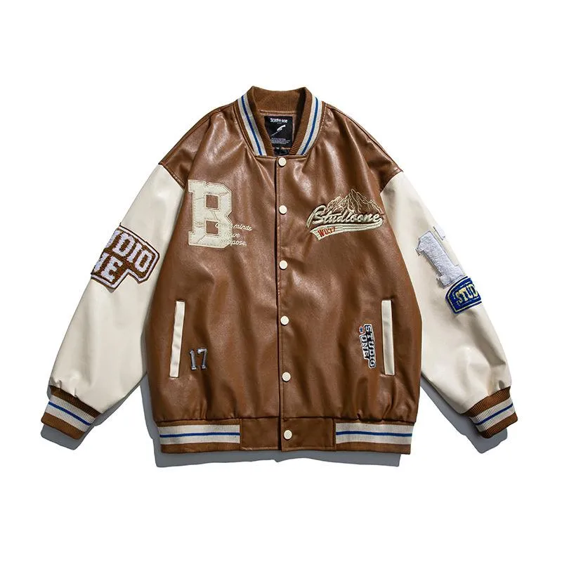 Chaquetas de los hombres Hombres Varsity PU Chaqueta de béisbol de cuero Hombres Mujeres Bordado de la vendimia Carta Patchwork Abrigos universitarios Hip Hop Bomber Coat Unisex