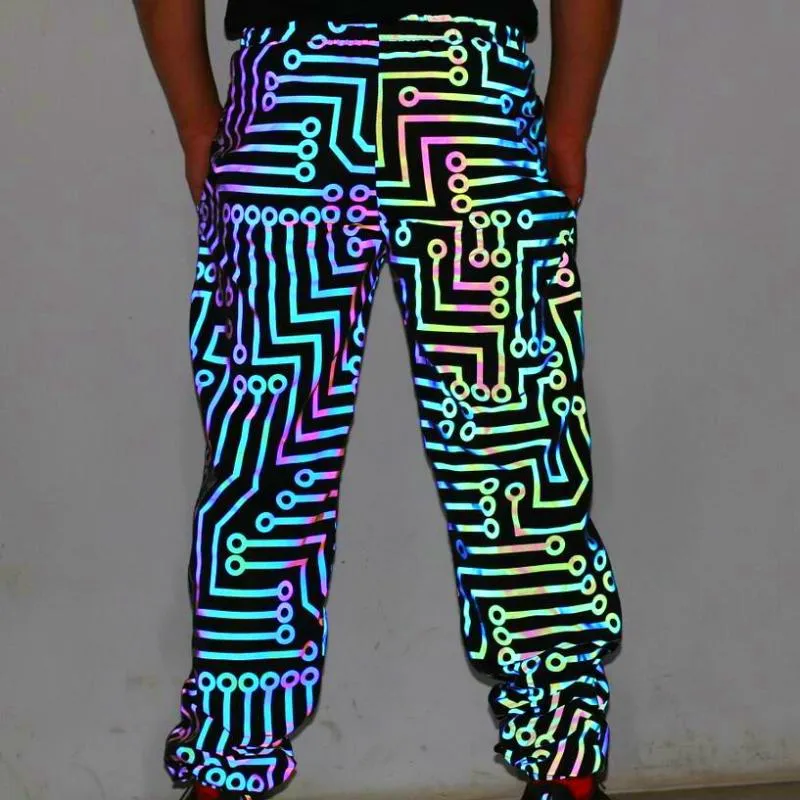 Erkek Pantolonları Çift Geometrik Devre Çizgileri Renkli Yansıtıcı Hip Hop Rüzgarlık Işığı Yansıtır Günlük pantolonlar Jaqueta Masculina