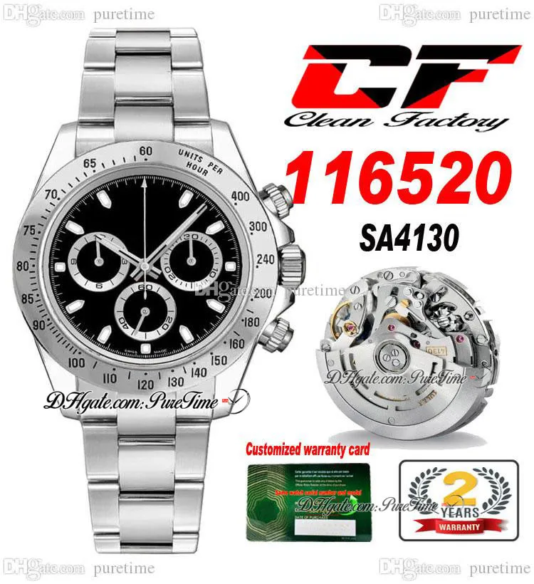 Чистый CF V3 116520 SA4130 Автоматический хронограф мужские часы черные циферблаты маркеры 904L Стальный устричный браслет Super Edition Watch Th 12,5 мм Puretime C3