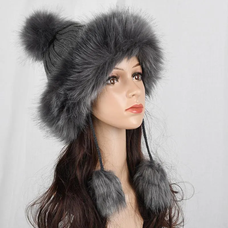 BERETS BIG FUR POMPOM BALL HARTHS للنساء القبعة الروسية Ushanka قبعة سميكة دافئة التزلج على التزلج على التزلج على التزلج