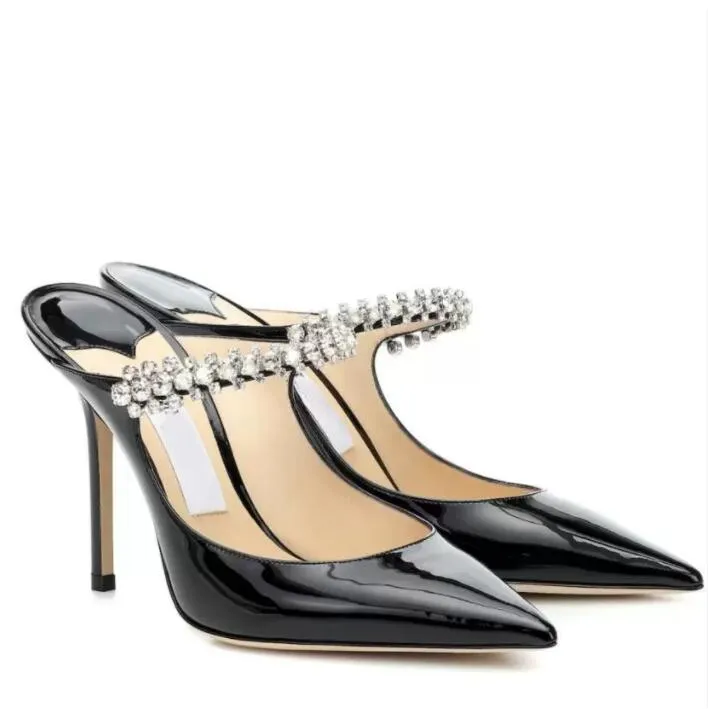 Mule kvinnors br￶llopsfest kl￤nning brud sandaler stilett klackar ankel rem p￤rlor strass sexiga pumpar pekade t￥ kvinnor skor