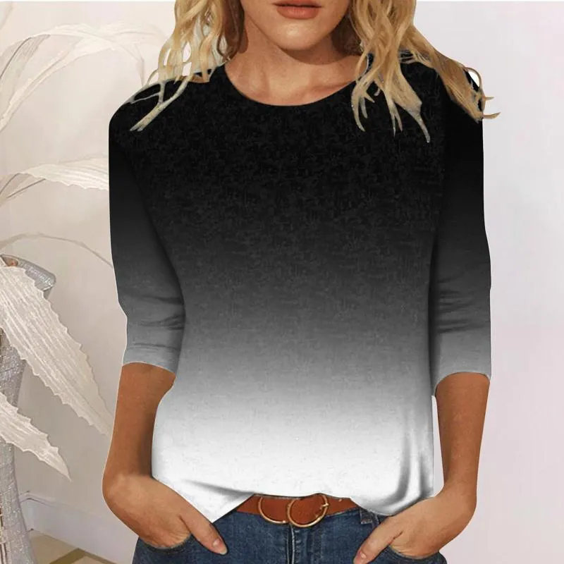 Women's T-Shirt Black Polyester Shirt Women Womens Casual Fashion Gradient Printing O Neck Three Quarter Sleeve Tops Compression T ShirtWome