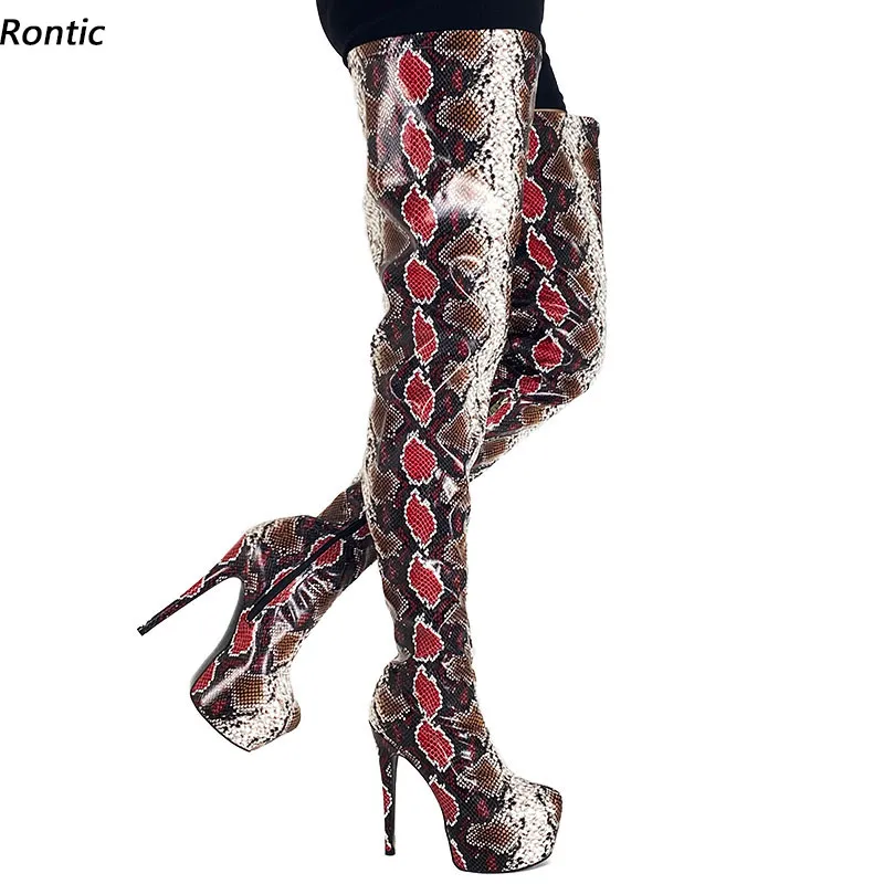 Rontic New Handmade Kobiety Wiosenne Buty Uda Side Zipper Stiletto Obcasy Okrągłe Toe Fabulous Snake Club Buty US Rozmiar 5-20