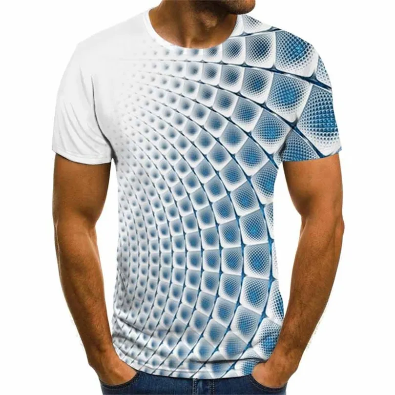 夏のカジュアルメンズTシャツ3D格子ハラジュクトップス3次元スパイラルTシャツOネックシャツプラスサイズストリートウェア220509
