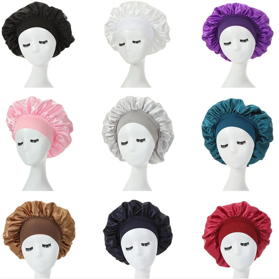 여성 밤 수면 헤어 모자 모자 실크 보닛 새틴 더블 레이어 조정 곱슬 곱슬 머리 스타일 15 색상