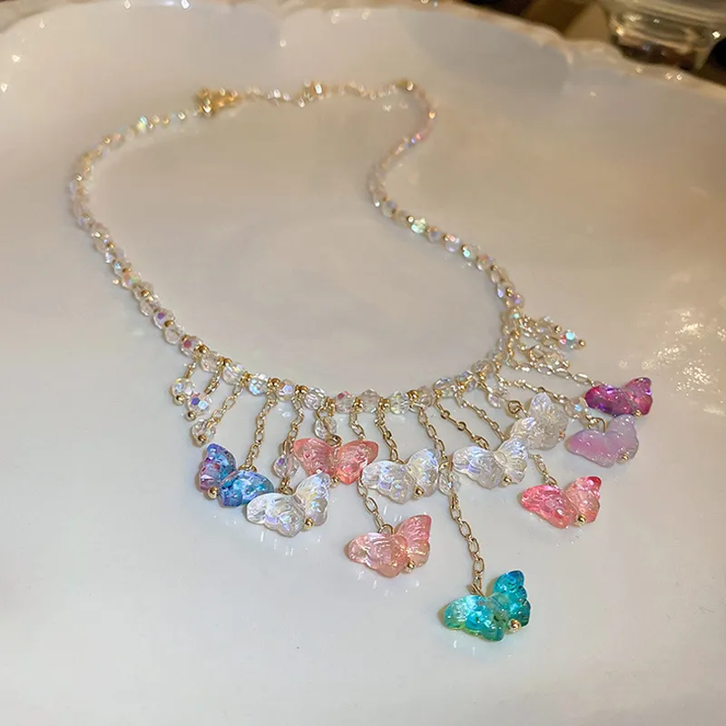 Colar de corrente de borboleta de cristal brilhante colar de corrente de borboleta multicolor de colares de borboleta para joias de moda de festa para presentes