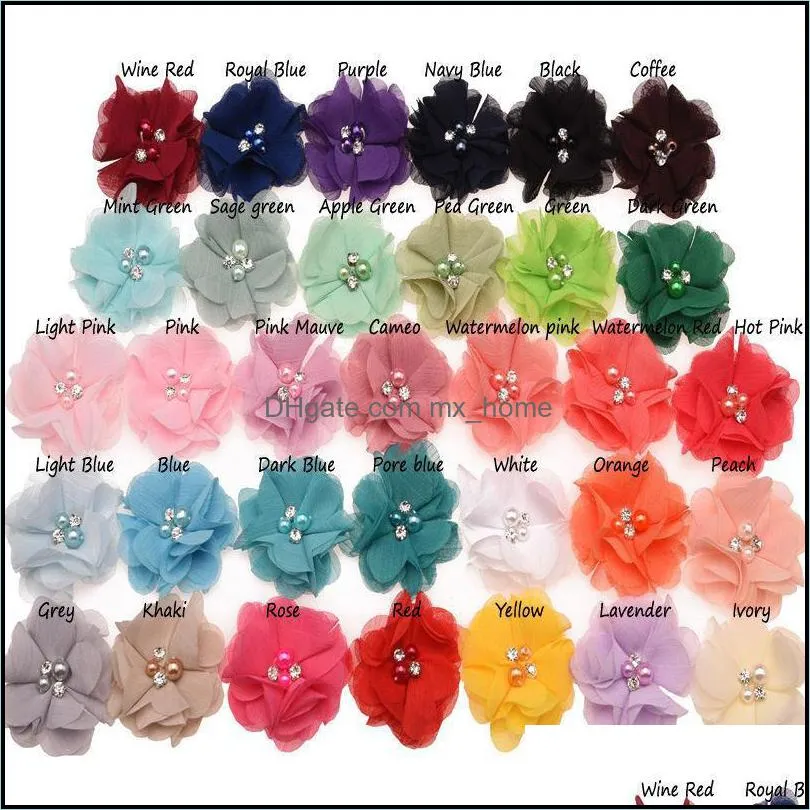 33colors chiffon flowers with pearl rhinestone center artificial flower fabric flowers children hair accessories baby headbands flower