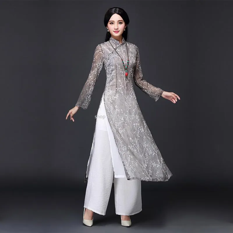 Vêtements ethniques Aodai Vieam Cheongsam Qi Pao Robe chinoise pour femmes traditionnelles en coton et lin floral élégant Ao Dai Oriental Qipaoethnique