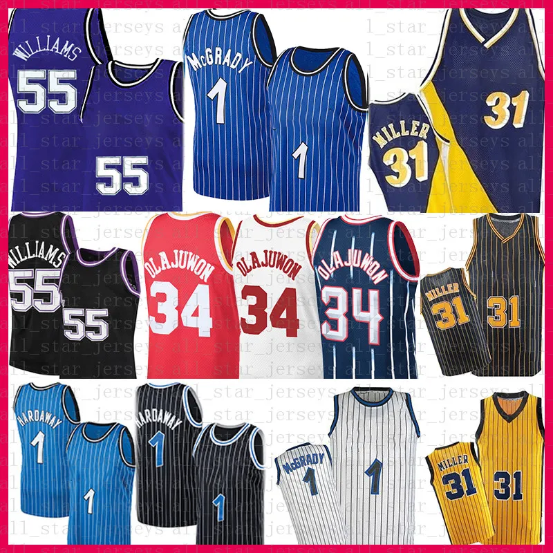 Tracy McGrady Penny Hardaway Hakeem Olajuwon 농구 저지 레지 밀러 셔츠 Jason Williams 빈티지 유니폼 1 34 31 55