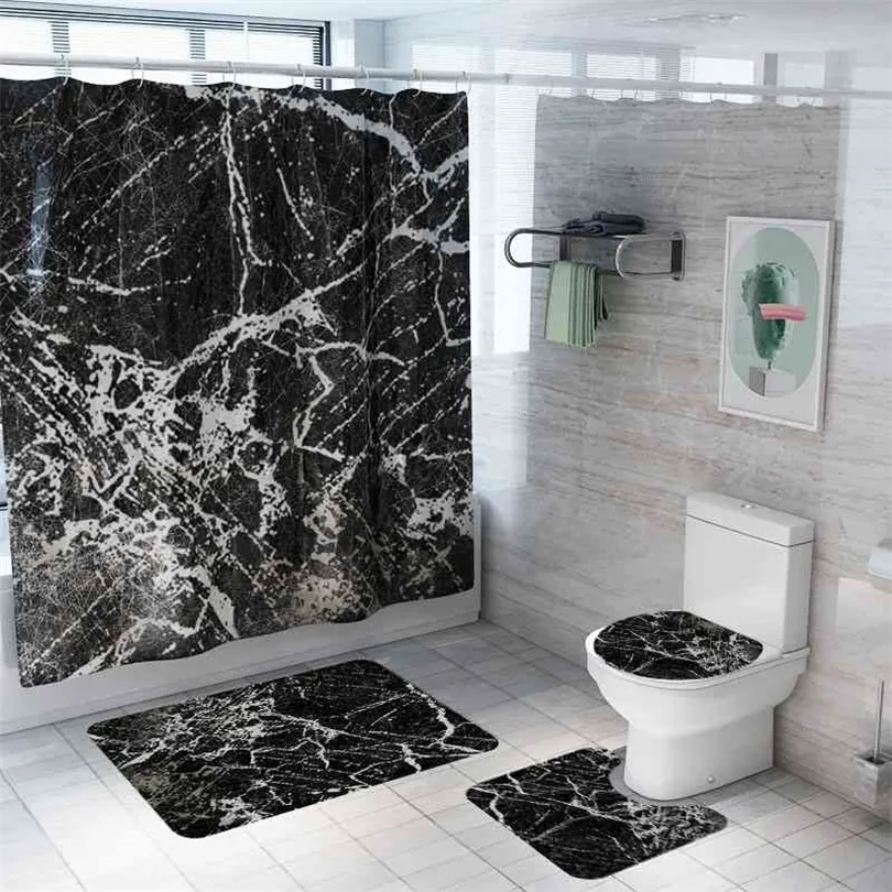 New marble Printed Pattern Bathroom Shower Curtain Pedestal Rug Lid Toilet Cover Mat Non-Slip Bath Mat Carpet Set 210401