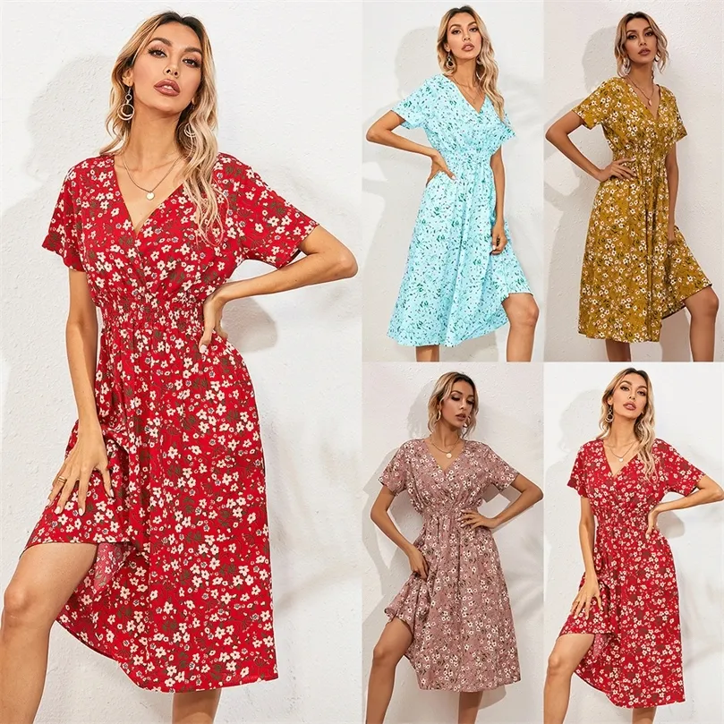 Elegant tryckt avslappnad strand midi klänningar kvinnor sommar vneck kort ärm Empire midja aline klänning sundress vestido kläder 9966 220601