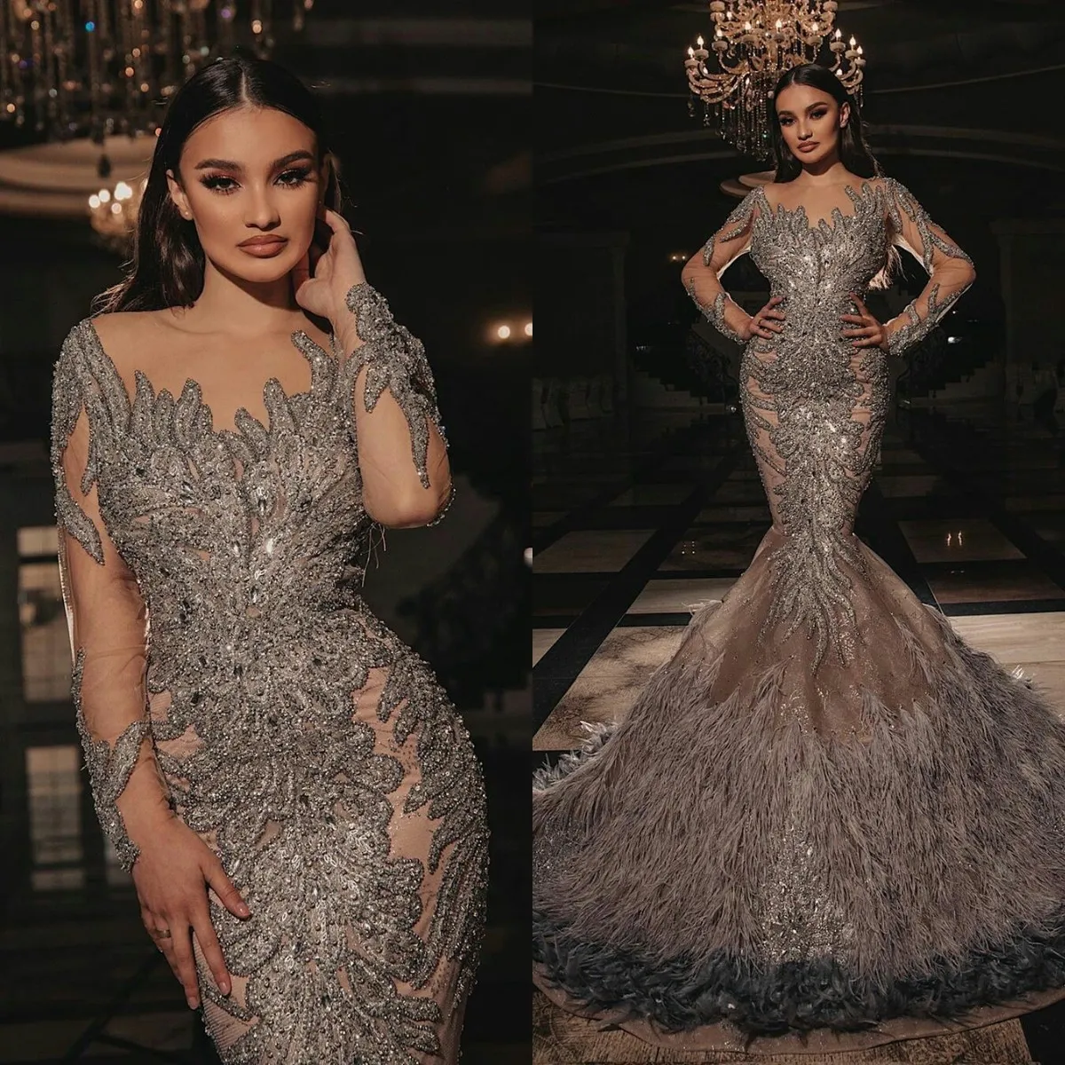 Custom Mermaid See Thru Lace Sequined Prom Gowns With Feathers Train