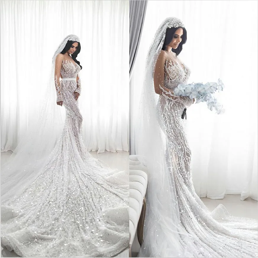Illusion scintillant sirène robe de mariée perles pure cou à manches longues robes de mariée 3D dentelle appliques mariée robes de mariée