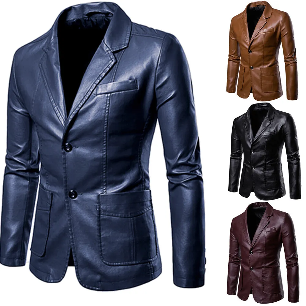 Retro Einfarbig Herren Leder Anzug Blazer Jacke Männer Casual Business Hochzeit Langarm Mantel