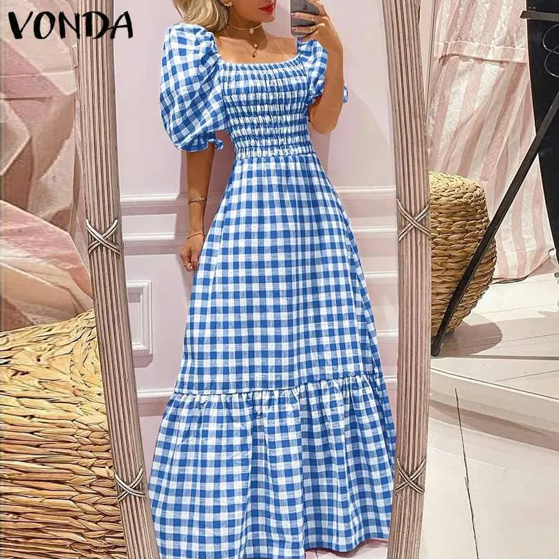 Green Plaid Maxi Dress Women Summer Vintage Long Puff Sleeve Square Collar  Ankle-Length Polyester from Dhgate Basic & Casual Dresses - price 54.81