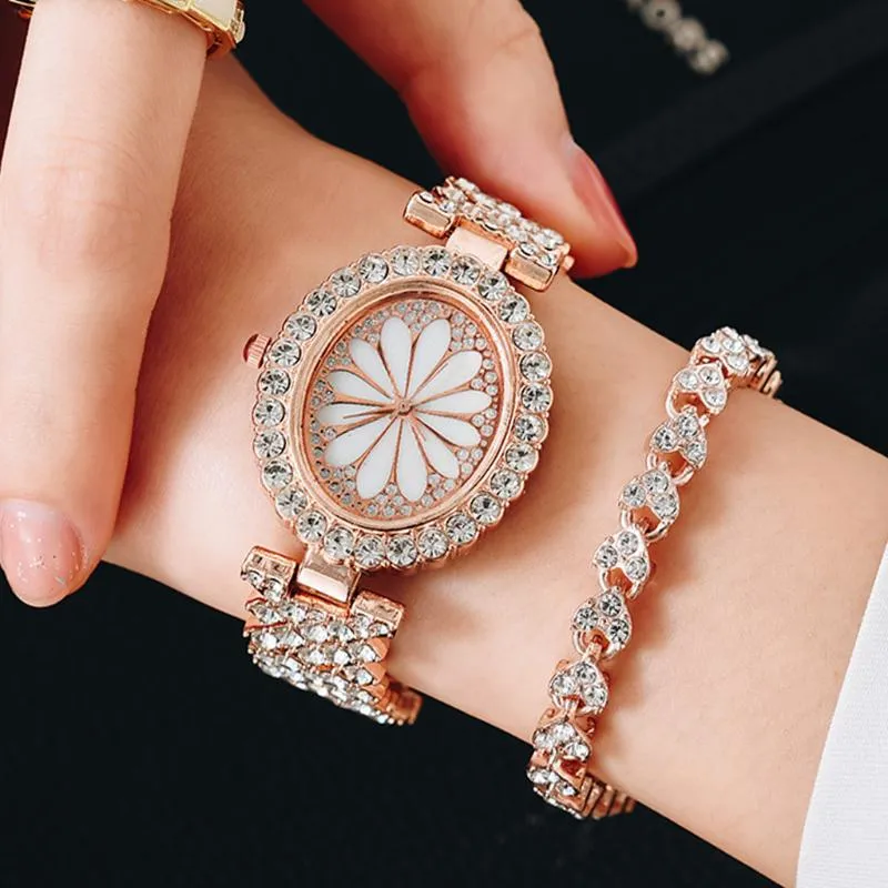ساعة Wristwatches Watch Watch Women Rose Gold Full Diamond Flowers Ladies Wrist Select 2PCS Set Bracelet Watches Gift Relogio femininowristwatc