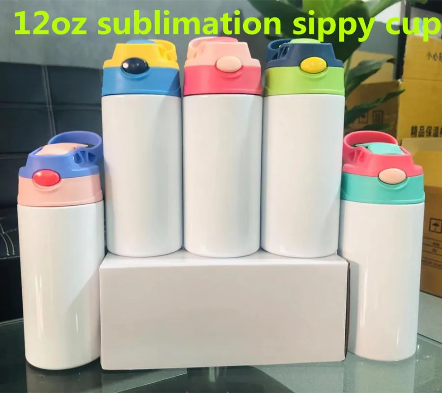 12 Unzen Sublimationsrohlinge Kinderbecher Tumbler Babyflasche Schnabeltassen Weiße Wasserflasche mit Strohhalm und tragbarem Deckel 6 Farbdeckel Großhandel