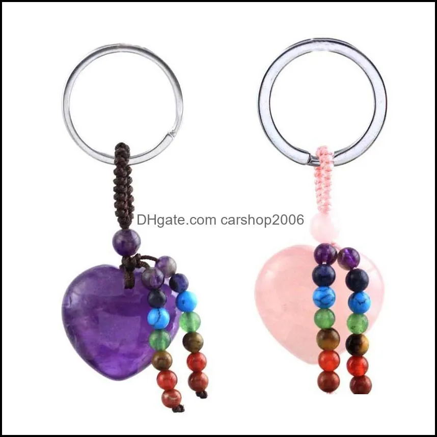 heart shape natural stone seven tassel key rings keychains silver color healing amethyst pink rose crystal car decor carshop2006