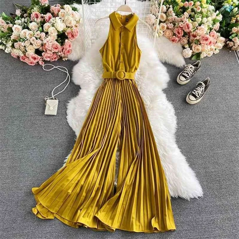 Women's Romper Spring Autumn Turn-Down Collar Sleeveless Vintage Playsuits Female Off Shoulder Pleated Jumpsuit New Fashion 210326