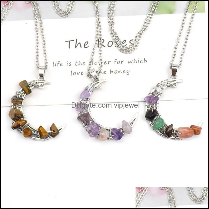 wire wrap moon pendant necklace reiki healing crystal tiger eye amethyst aventurines chakra necklace for women jewelry