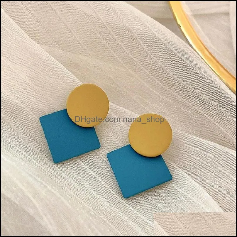 Korean Geometric Round Square Frosted Earrings for Women Fashion Temperament High Sense of Niche Earrings Blue Yellow Color