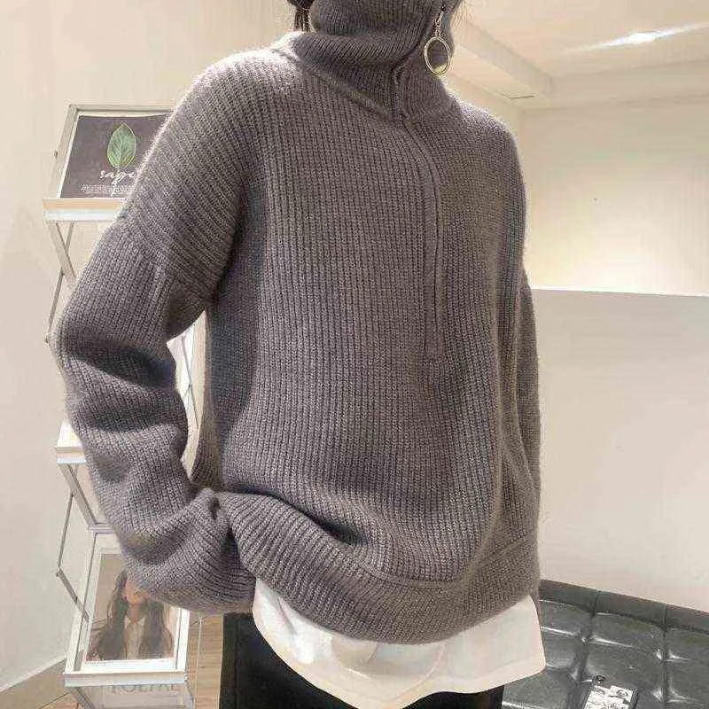 Vrouwen trui turtleneck herfst 2021 pullover vrouwen rits rits Koreaanse mode gebreide oversized sweate t220824